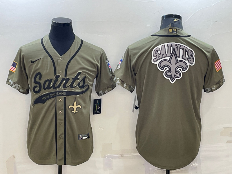 Men's New Orleans Saints Olive 2022 Salute To Service Team Big Logo Cool Base Stitched Baseball Jersey 001 Men's New Orleans Saints Olive 2022 Salute To Service Team Big Logo Cool Base Stitched Baseball Jersey 001